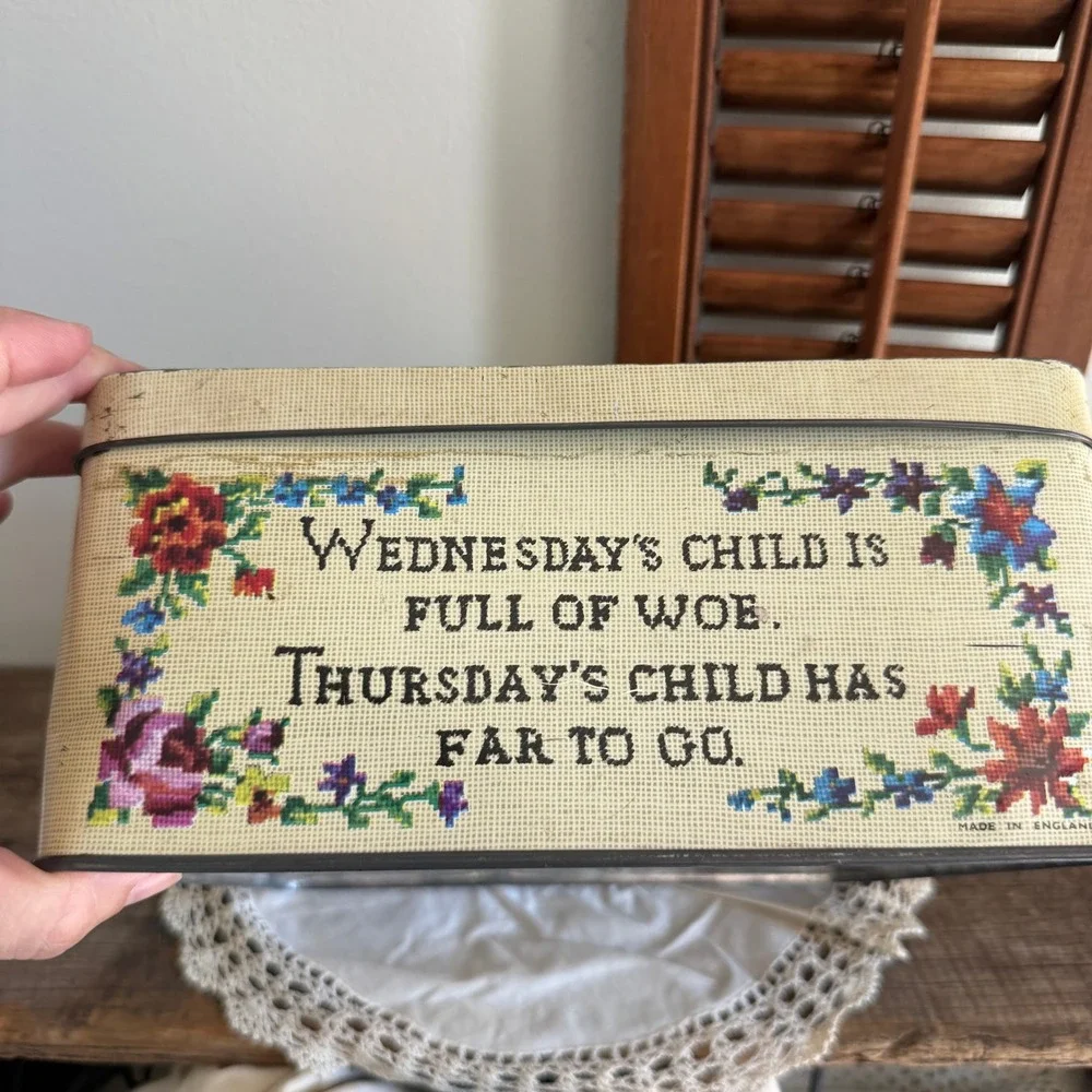 Vintage Carrs of Carlisle England Metal Tin Monday Child Needlepoint Design